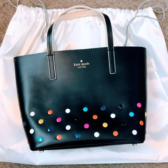 Kate Spade NEW Black Leather Multicolor Dots Tote Bag, Dust Bag Included